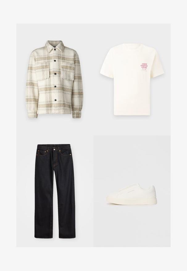 Fleece-Blockjacke in Creme mit grauen und gelben Streifen. Verfügt über einen Kragen, zwei Brusttaschen und schwarze Knöpfe. Weiche Textur.; Weißes T-Shirt mit kurzen Ärmeln und rotem Text "Studio Originals Edition" auf der linken Brust, präsentiert vor einem neutralen grauen Hintergrund.; Herren gerade geschnittene schwarze Jeans aus Denim mit fünf Taschen und orangefarbenen Nähten, Knopf- und Reißverschluss vorne am Bund.; Weiße Slip-On-Sneaker mit einer strukturierten Oberfläche, dicker Sohle und minimalistischem Design. Mit Logo der Marke an der Seite.