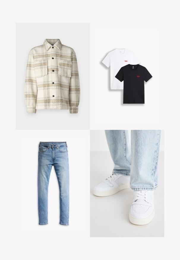 Fleece rutete jakke i krem med grå og gul striper. Har krage, to brystlommer og svarte knapper. Myk tekstur.; To korte ermesskjorter: en hvit og en svart. Begge laget av bomull med en rød Levi's-logo på brystet. Enkel rund hals-design.; Lyseblå denimjeans med rett snitt, fem lommer, knappelukking og subtil falming over stoffet.; Hvite lær lave sneakers med perforert tå, flate lisser og minimalistisk design. Kombinert med lyseblå denimjeans.
