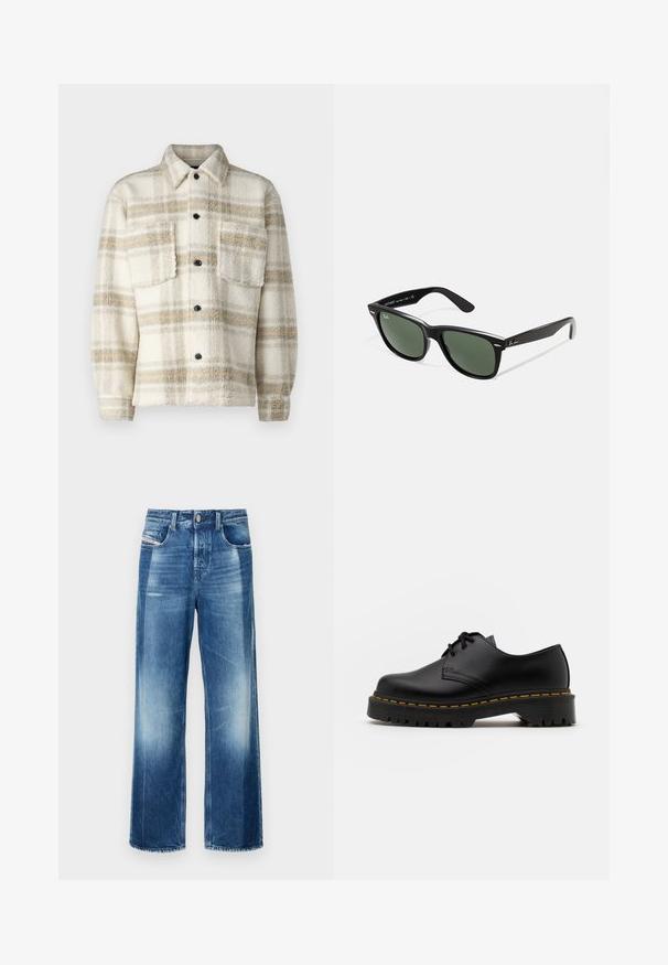 Fleece rutete jakke i krem med grå og gul striper. Har krage, to brystlommer og svarte knapper. Myk tekstur.; To t-skjorter uten ermer, en svart og en hvit, med rund hals og myk bomull. Begge har en standard rett passform.; Vide benklær i mellomblått denim, med knapplukking, frontlommer og lett falming. Rette ben med ren kant.; Svart lær snøresko med rund tå, teksturert gummisåle og gul søm rundt bunnen. Flat design og glatt overflate.; Sorte plast-solbriller med grønne linser, firkantede rammer, sølvdetalje på brynene, og teksturerte stangarmen. Angitt merke på indre arm.; Svarte tekstilveske med en strukturert, quiltet mønster. Rund form, korte, tykke håndtak og en myk, fleksibel struktur.