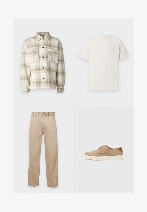 Kreemjas plüüsist ruuduline jakk hallide ja kollaste triipudega. Omab kraed, kahte rinna-taskut ja musti nuppe. Pehme tekstuur.; Valge lühikeste varrukatega T-särk ribakudumises. Ümar kaelus, mugav lõige, nähtavad mustrid ega aksessuaarid puuduvad. Lihtne ja mitmekesine disain.; Bežidemini teksased sirgjoonise kujundusega, front pocket'itega, metallist nööbi kinnitusega ja peene tekstuuriga.; Beežid nahast tossud ümarate varvastega, paeltega esiosa ja tekstuuriga tagakontuuriga. Valge kummist tallapakkumine loob kontrasti. Lihtne ja kaasaegne disain.