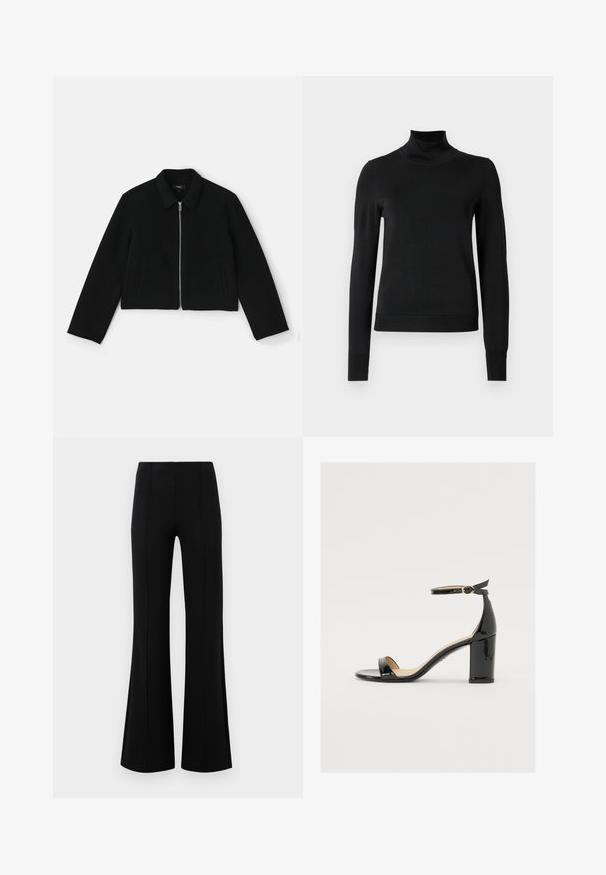 Theory BLOUSON - Jachetă de vară - black; Pulover negru cu mânecă lungă și guler tip colier, cu manșete și tiv cu elastic, expus pe un fundal alb simplu.; Pantaloni negri evazați, cu talie înaltă, fabricați dintr-un material elastic. Prezintă detalii cu cusături verticale în față și o textură netedă.; Sandal cu toc lat din piele lacuită neagră, cu vârf deschis și curea pentru gleznă, având o cataramă aurie. Textură netedă și design elegant.