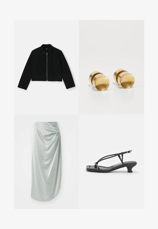 Theory BLOUSON - Lehká bunda - black; Svetle modré saténové bezrukávové tričko s drapovaným dekoltem a hladkým povrchem. Štítek uvádí "Tiger of Sweden 1993."; Světle zelená saténová sukně s drapovaným designem, střední délky, hladké textury, s bočním uzlem pro zvýšení vizuálního zajmu.; Černé kožené sandály s tenkými pásky, nízkým blokovým podpatkem a čtveratou špičkou. Obsahují přezku a mají hladkou texturu.; Zlaté kovové náušnice s jednoduchým kulatým tvarem, mají hladký povrch a centrální leštěný pruh. Průměr je přibližně 1 cm.