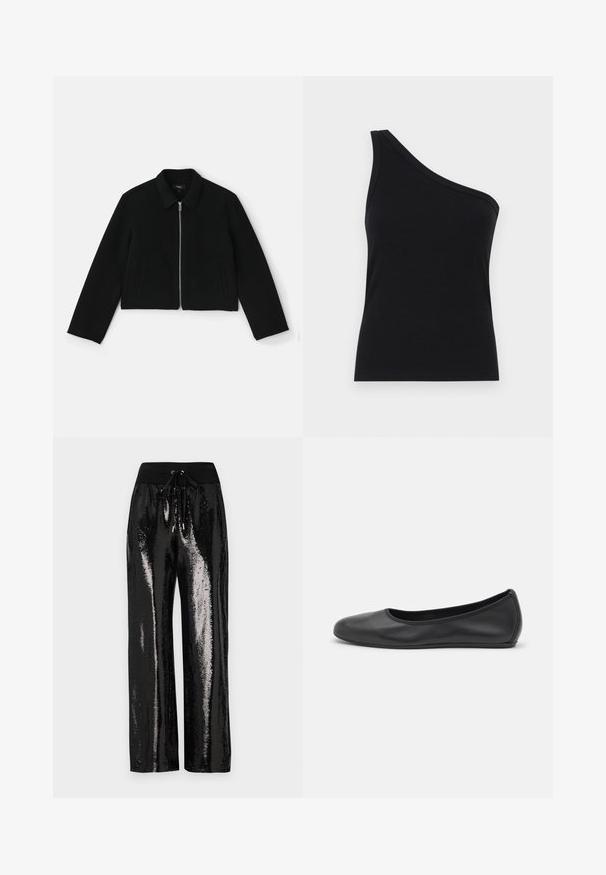 Theory BLOUSON - Letná bunda - black; Čierny rebrovaný top na jedno rameno s priliehavým strihom a jemnou textúrou. Obsahuje čistý, minimalistický strih a hladký výstrih.; Čierne trblietavé nohavice s širokým strihom a elastickým pásom s šnúrkou. Materiál má reflexnú, lesklú textúru.; Čierne kožené baleríny s okrúhlou špičkou, hladkým povrchom, minimálnym prešívaním a flexibilným dizajnom podrážky.