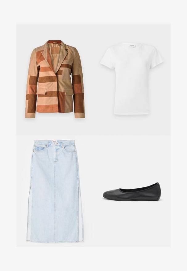 Suède blazer met een patchworkontwerp in tinten beige en bruin, met een gelapte kraag en twee voorkruiszakken.; Witte katoenen t-shirt met ronde hals en korte mouwen, met een relaxed fit en een minimalistisch ontwerp. Etiket zichtbaar aan de hals.; Lichtblauwe denim maxi rok met een rechte snit, voorzien van zijsplits en een ontwerp met vijf zakken. Opvallende stiksels en metalen knoopsluiting.; Zwarte leren ballerina met een ronde neus, gladde textuur, minimale stikdetails en een flexibele zoolontwerp.
