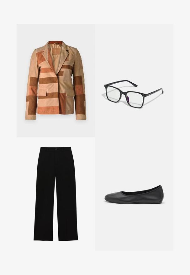 Wildlederblazer mit einem Patchwork-Design in Beige- und Brauntönen, mit einem Reverskragen und zwei Vordertaschen.; Weißes Baumwoll-T-Shirt mit Rundhalsausschnitt und kurzen Ärmeln, das einen lockeren Sitz und ein minimalistisches Design aufweist. Etikett am Hals sichtbar.; Schwarze, hochtaillierte, weit geschnittene Hosen aus glattem Material, mit flacher Vorderseite, Knopfverschluss und ohne sichtbare Taschen.; Schwarze Leder-Ballettschuhe mit abgerundeter Spitze, glatter Textur, minimalen Nähdetails und einem flexiblen Sohlen-Design.; Schwarze rechteckige Brille mit klaren Gläsern, die goldene Akzente im Rahmen aufweist und einen leichten lila Schimmer auf einem der Gläser hat.