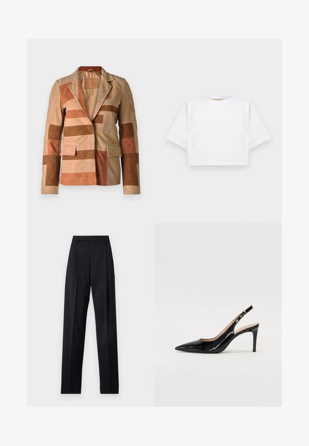 Wildlederblazer mit einem Patchwork-Design in Beige- und Brauntönen, mit einem Reverskragen und zwei Vordertaschen.; Beschnittenes weißes T-Shirt aus weichem Stoff, mit kurzen Ärmeln, rundem Halsausschnitt und gerippten Saumdetails. Einfaches und schnörkelloses Design.; Schwarze Hosen aus glattem Stoff mit hoher Taille, weitem Bein, vorderen Falten und klassischen Gürtelschlaufen. Keine sichtbaren Seitentaschen.; Schwarz lackierte Slingback-Pumps mit spitzem Zehenbereich, schlankem Absatz und einem subtilen Ausschnittdesign. Verfügt über eine goldene Schnalle am Riemen.
