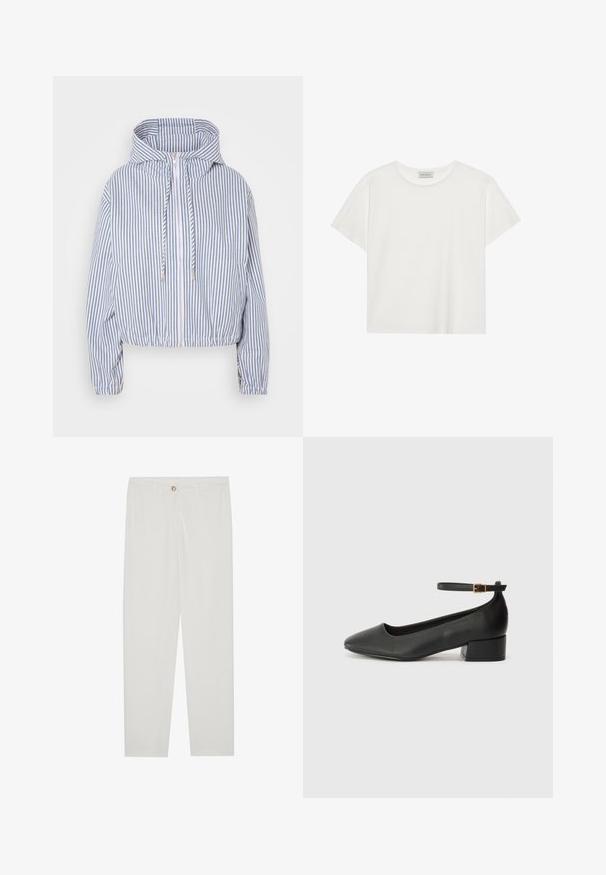 Kuttet jakke i blå og hvite striper, med hette, glidelås foran, elastiske mansjetter og snøring i nederkant.; Hvit T-skjorte med kort erm laget av myk bomull. Har rund hals og avslappet passform. Rent design uten synlige mønstre eller aksenter.; Hvite, skreddersydde bukser med rette ben, med knapplukking, beltehemper og sidelommer; glatt tekstur.; Sorte skinnpumper med spiss tå og lav blokkhelt. Har ankelrem med gullfarget spenne. Glatt tekstur.