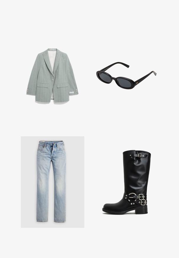 ARMEDANGELS Kurzmantel - seagreen light oatmilk; Weißes Baumwoll-T-Shirt mit kurzen Ärmeln, Rundhalsausschnitt und lockerer Passform. Glatte Textur und schlichtes Design, keine Muster oder Akzente.; Hellblaue Denim-Jeans mit geradem Bein, einem Fünf-Knopf-Reißverschluss und Gesäßtaschen mit subtilen Stickdetails.; Schwarze knöchelhohe Stiefel aus glattem synthetischem Material. Mit silberfarbigen Schnallen und einem Akzentring. Robuster Blockabsatz.; Schwarze, oversized Sonnenbrillen mit ovalen Gläsern, glattem Kunststoffrahmen und goldenen Akzenten an den Bügeln. Die dunklen Gläser bieten Sonnenschutz.; DRAGON DIFFUSION MINI FLAT GORA - Handtasche - dark brown