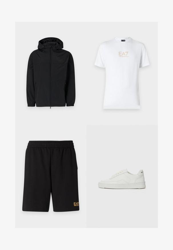 Must musta kapuutsiga jakk, mis on valmistatud kerge, mati kangaga. Omab lukuga sulgemist, elastseid varrukaid ja küljetaskuid. Rindkeres on diskreetne logo.; Valge puuvillane T-särk, millel on ümmargune kaelus ja lühikesed varrukad, ning mille esiosal on kuldne EA7 Emporio Armani logo.; Mustad mustad lühikesed püksid, mis on valmistatud pehmest kangast. Omavad elastset vöökohta ja väikest kollast EA7 logo vasakul jalal.; Valge nahast tennis, millel on sile põhi, ümar varvas, lamedad nöörid ja tekstuuriline tall. Sisaldab diskreetset logo kontsaribal.