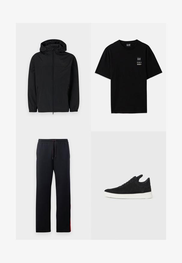 Black hooded jacket made of lightweight, matte fabric. Features a zip closure, elastic cuffs, and side pockets. Subtle logo on chest.; Black cotton t-shirt with short sleeves, a crew neck, and a small logo tag on the front featuring care symbols in white.; Black sweatpants with a drawstring waist, tapered legs, and red accent stripes down the sides. Soft, stretchy fabric with a smooth texture.; Black suede sneaker with a white rubber sole, featuring tonal stitching and lace-up design. Smooth texture with a modern, streamlined shape.