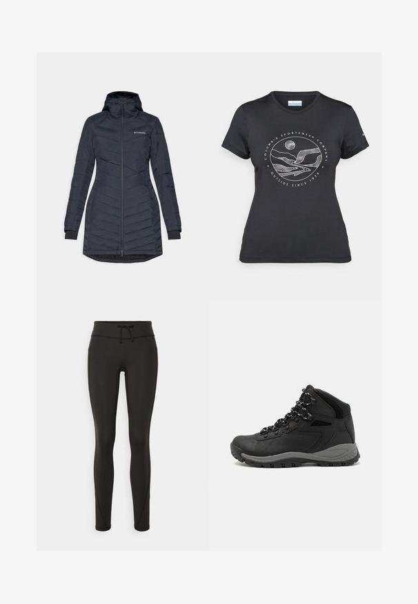 Tumši pelēkas krāsas izolēta jaka ar kapuci, ar rāvējslēdzēja priekšpusi, zvaigžņu rakstu un elastīgām piedurknēm ciešai piegulšanai. Mīksta, gluda tekstūra.; Melnā Columbia T-kreklā ar baltu apļa kalnu un upes kontūru mākslu, kā arī tekstu "Columbia Sportswear Company Outside Since 1938."; Melnas legingi ar augstu jostasvietu, pievilkšanas auklu, gludu tekstūru un pieguļošu dizainu. Iekļautas šuvju detaļas gar sāniem.; Melni pārgājienu zābaki ar vidēju augstumu, ar teksturētu augšdaļu, pelēkiem akcentiem un izturīgu gumijas zoli ar saķeres izvirzījumiem.