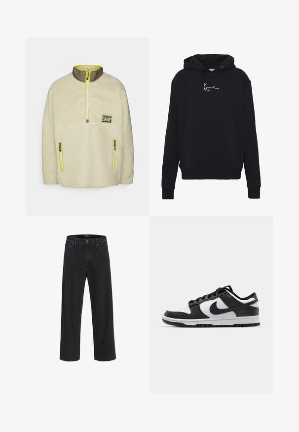 Levi's® LAKESIDE MOCK NECK UNISEX - Kurtka z polaru; Czarna bluza z kapturem wykonana z miękkiego materiału, z przednią kieszenią, sznurkami do regulacji oraz białym haftem logo na klatce piersiowej. Klasyczny krój i ściągacze na rękawach.; Czarne dżinsy o prostych nogawkach z zapięciem na guziki i zamek błyskawiczny, szlufkami na pasek oraz przednimi i tylnymi kieszeniami.; Czarno-białe sneakersy Nike Dunk z skórzaną cholewką, perforowanym czubkiem, czarnymi sznurówkami oraz czarną gumową podeszwą z bieżnikiem.