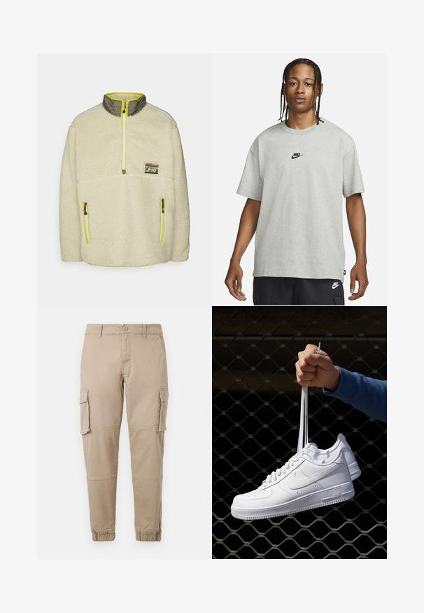 Levi's® LAKESIDE MOCK NECK UNISEX - Fliisjakk - cloud cream; Noor, kellel on punutud juuksed, kannab heledat halli Nike T-särki ja musti Nike lühikesi pükse,neutraalset valget tausta vastu.; Beežid cargo-püksid kergest puuvillaste materjalist. Omab elastseid varrukatükke, mitmeid külgpocket'ite ja nööbiga sulgemist.; Valged nahast tennisetossud, millel on perforatsioonid, ümar nina, lame tallus ja paksud nöörid, nähtava swooshi logoga ja "AIR" kontsadel.