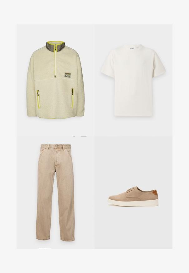 Levi's® LAKESIDE MOCK NECK UNISEX - Fleecetakki - cloud cream; Valkoinen lyhythihainen T-paita ribbikuviossa. Pyöreä kaula-aukko, rento istuvuus, ei näkyviä kuvioita tai yksityiskohtia. Yksinkertainen ja monikäyttöinen muotoilu.; Beige farkkuhousut suoranlahkeisella muotoilulla, joissa on etutaskut, metallinen nappisulku ja hillitty rakenne.; Beige nubuck-lenkkarit, joissa on pyöreä kärki, nauhakiinnitys ja teksturoitu takaosa. Valkoinen kumipohja tuo kontrastia. Yksinkertainen ja moderni muotoilu.