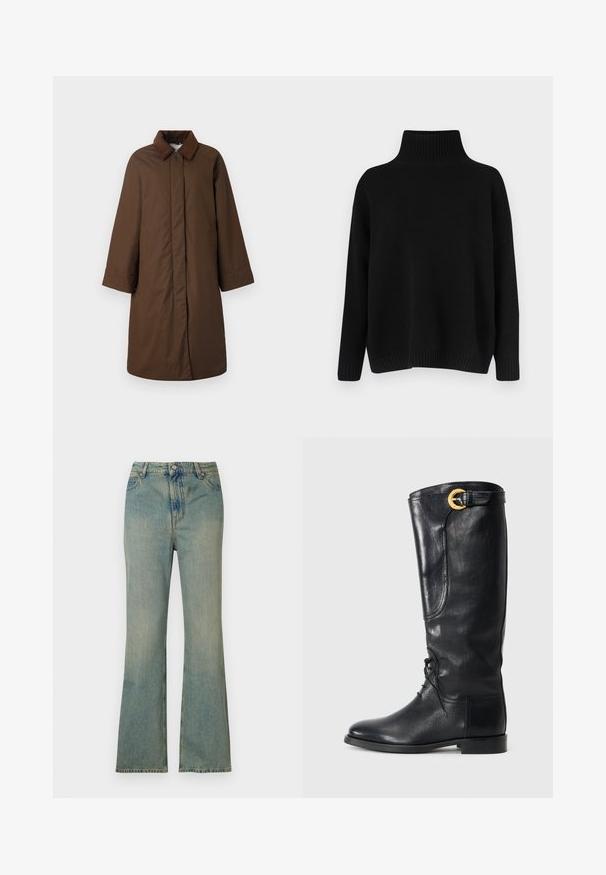 Rjav plašč z klasičnim ovratnikom, dolgimi rokavi in ravnim krojem, izdelan iz gladkega materiala z diskretno sijajem.; Črni pleteni pulover z visokim rebrastim ovratnikom, spuščenimi rameni in sproščenim krojem. Ima rebraste manšete in spodnji rob za dodatno teksturo.; Svijetloplave traper hlače s proširenim nogavicama i visokim strukom, pet džepova i patentnim zatvaračem. Čist, izbjeljeni izgled s suptilnim detaljima šivanja.; Ženske črne usnjene škornje do kolen, s zaobljenim nosom, spredaj vezane, z bočno dekoracijo in z zlatim okrasnim sponko na vrhu. Gladka površina.