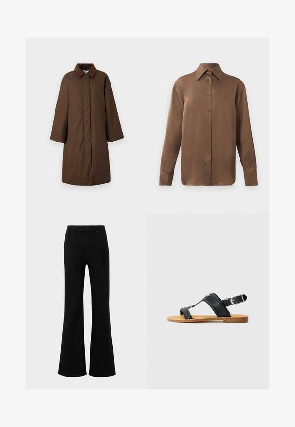 Rjav plašč z klasičnim ovratnikom, dolgimi rokavi in ravnim krojem, izdelan iz gladkega materiala z diskretno sijajem.; Rjav dolg rokav s srajco s gumbi in koničastimi ovratniki in manšetami, prikazana na enostavni beli podlagi.; Črne široke kavbojke z visokim pasom, izdelane iz denima. Imajo strukturirane žepe in gumbe za zapiranje spredaj. Gladka tekstura.; Črne usnjene sandale z nastavljivim zaponkom, ravnim rjavim podplatom in dvema širokima trakovoma, ki prečkajo nogo, minimalističen dizajn.