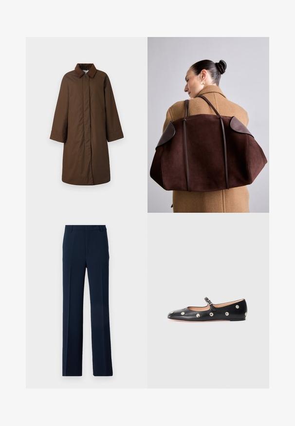 Cappotto marrone con colletto classico, maniche lunghe e taglio dritto, realizzato in un tessuto liscio con una leggera lucentezza.; T-shirt bianco a maniche lunghe realizzato in cotone a coste, con scollo rotondo e orlo dritto. Design semplice senza motivi o accenti.; Pantaloni blu navy realizzati in tessuto morbido, con un design a gamba dritta, pieghe frontali e tasche laterali per un look sartoriale.; Scarpa flat nera in pelle tipo Mary Jane con punta arrotondata, caratterizzata da borchie circolari argentate e una fascia regolabile con fibbia.; Borsa in suede marrone con dettagli in pelle scura, caratterizzata da una forma strutturata e due manici, portata a spalla contro un cappotto beige.; Un paio di orecchini in metallo di tonalità dorata, di forma ovale irregolare, con superficie texturizzata e leggermente martellata, su uno sfondo bianco.
