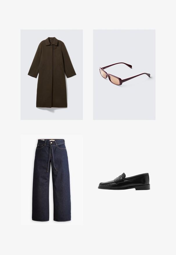 Langer, brauner Mantel mit glatter Textur, strukturiertem Kragen, Seitentaschen und einem einzigen Knopfverschluss. Minimalistisches Design mit gerader Silhouette.; Weißes Langarmhemd aus geripptem Stoff mit Rundhalsausschnitt und taillierter Form. Keine Muster oder Akzente sind vorhanden.; Weite, dunkelblaue Jeans aus Denim mit hoher Taille, ausgestattet mit einem Kordelzug, fünf Taschen und kontrastierenden Nähdetails.; Schwarzer Lederloafer mit geschwungener Silhouette, dekorativem Riemen, strukturiertem Stich und flacher Gummisohle. Glatte Oberfläche und elegantes Design.; Burgunderfarbene Sonnenbrille mit rechteckigem Rahmen, verlaufenden Gläsern und eleganten Bügeln. Das Material hat eine glatte, glänzende Oberfläche.; Schwarze geflochtene Tragetasche mit zwei stabilen Griffen, die eine glänzende Textur und ein geräumiges offenes Design bietet.