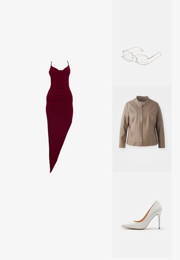Pruun faux nahast jakk, millel on krae, ees tõmblukk ja küljetaskud; omab sileda tekstuuri ja figureerivat siluetti.; Burgundia sobiv kleit spagetti rihmadega, külgisegamis ja vöökohtade väänamise detailidega, valmistatud venivast kangast.; Valge lakitud nahk kõrge kontsaga pump, millel on terav nina ja peen stiletto konts, millel on sile tekstuur ja beež sisemus.; Ovaalsed prillid õhukeste roosakuldsete metallraamidega. Läätsed on selged ning templeid iseloomustavad peenikesed jooned ja diskreetne hingedetail.; Kuldsetest metallist kõrvarõngad lainelise disainiga; sile, peegeldav pind; asümmeetriline kuju; nähtavad mustrid või kinnitused puuduvad.