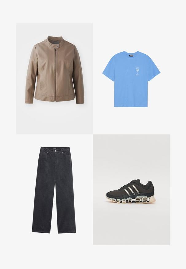 Brązowa kurtka z imitacji skóry z kołnierzem, zapięciem na zamek z przodu i kieszeniami po bokach; charakteryzuje się gładką teksturą i dopasowanym krojem.; Jasnoniebieska bawełniana koszulka z okrągłym dekoltem. Ma białą grafikę z palmą oraz tekst na lewej stronie klatki piersiowej. Krótkie rękawy.; Szerokie spodnie w ciemnoszarym korduroy, z zapięciem na guzik, czterema kieszeniami i miękką teksturowaną powierzchnią.; Czarne sportowe buty z teksturowaną cholewką, trzema srebrnymi paskami i charakterystyczną podeszwą z amortyzacją, składającą się z wielu zintegrowanych sekcji.
