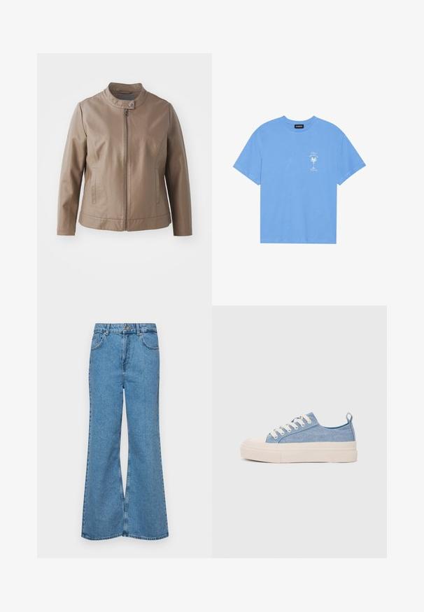 Casaco de couro sintético castanho com colarinho, fecho à frente com zíper e bolsos laterais; apresenta uma textura suave e uma silhueta ajustada.; T-shirt de algodão azul claro com decote redondo. Apresenta uma gráfica branca de uma palmeira e texto na área do peito esquerdo. Mangas curtas.; Jeans de brim azuis claros, com corte à boca de sino, apresentando uma cintura alta, cinco bolsos e um fecho de botão único. Textura macia com acabamento desbotado.; Ténis de lona azul claro com uma biqueira e sola de borracha creme, apresentando atacadores brancos e uma alça na parte de trás.