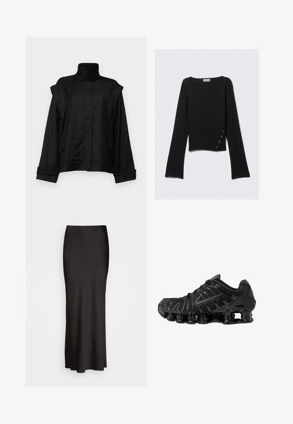Sort jakke med høj krave, brede ærmer og to sidelommer; lavet af glat stof, med knaplukning ved ærmerne og et minimalistisk design.; Sort langærmet top lavet af glat stof, med bådudskæring, cropped længde og en sideliste med sølvknapper.; Sort, maxiskørt i satin med en glat tekstur, tætsiddende talje og A-formet silhuet, uden synlige udsmykninger eller mønstre.; Sort atletisk sko med mesh-overdel og glatte overlays. Har buet spiralbøsningsdæmpning og strukturerede linjer på siden. Nike-logoet er synligt.