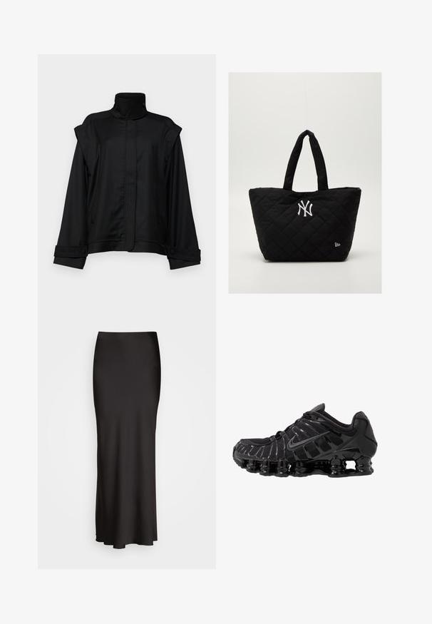Sort jakke med høj krave, brede ærmer og to sidelommer; lavet af glat stof, med knaplukning ved ærmerne og et minimalistisk design.; Sort langærmet top lavet af glat stof, med bådudskæring, cropped længde og en sideliste med sølvknapper.; Sort, maxiskørt i satin med en glat tekstur, tætsiddende talje og A-formet silhuet, uden synlige udsmykninger eller mønstre.; Sort atletisk sko med mesh-overdel og glatte overlays. Har buet spiralbøsningsdæmpning og strukturerede linjer på siden. Nike-logoet er synligt.; Quiltet sort tote bag med dobbelte håndtag, med et hvidt New York Yankees-logo og et lille brandemblem på siden.