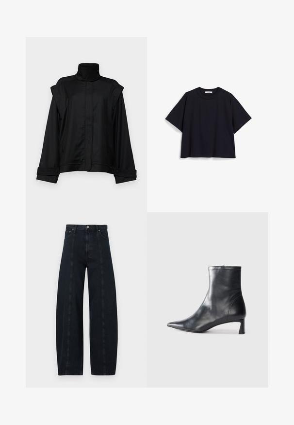 Černá bunda s vysokým límcem, širokými rukávy a dvěma bočními kapsami; vyrobená z hladkého materiálu, s manžetami na knoflíky a minimalistickým designem.; Námořnická modrá tričko s krátkým rukávem z měkké bavlny, s volným střihem, kulatým výstřihem a minimalistickým designem. Žádné viditelné vzory nebo akcenty.; Džíny s širokými nohavicemi z tmavého denimu s vysokým pasem, s kontrastními švy a klasickým pětioktovým designem. Hladká textura, žádné viditelné vzory.; Černé kožené kotníkové boty s špičatou špičkou a elegantním designem. Mají nízký podpatek a zipové zapínání na zadní straně. Hladká textura.