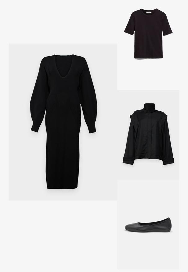 Black jacket with a high collar, wide sleeves, and two side pockets; made of smooth fabric, featuring buttoned cuffs and a minimalist design.; Black short-sleeve T-shirt made of soft cotton, featuring a round neckline and a smooth, even texture with a minimal design.; Black knitted dress with a deep V-neck, long voluminous sleeves, and textured pattern detailing on the bodice.; Black leather ballet flat with a rounded toe, smooth texture, minimal stitching detail, and a flexible sole design.