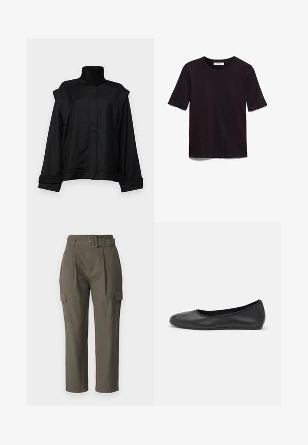 Sort jakke med høj krave, brede ærmer og to sidelommer; lavet af glat stof, med knaplukning ved ærmerne og et minimalistisk design.; Sort T-shirt med korte ærmer lavet af blødt bomuldsstof, med rund halsudskæring og en glat, jævn tekstur samt et minimalistisk design.; Cargo bukser i olivengrøn, lavet af letvægtsstof. Funktioner inkluderer en bæltet talje, frontplisseringer og sidelommer med klaplukning.; Sort læderballetsko med rund tå, glat tekstur, minimal syning og et fleksibelt såldesign.