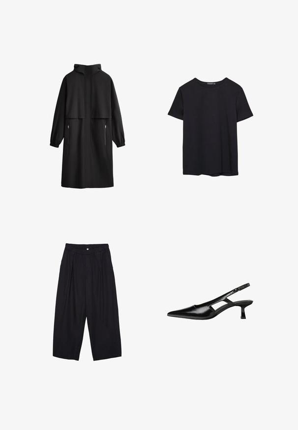 Czarny płaszcz z kapturem, długimi rękawami, elastycznymi mankietami, dwoma bocznymi kieszeniami i przednim zakładanym krojem. Wykonany z gładkiej, lekkiej tkaniny.; Prosta, krótko rękawowa czarna koszulka bawełniana z okrągłym dekoltem, prezentowana na białym tle.; Czarne spodnie culotte z poliestru z elastycznym pasem, dwoma fałdami z przodu i luźnym krojem. Brak widocznych wzorów lub elementów metalowych.; Czarne lakierowane czółenka na odkrytej pięcie z wąskim noskiem, z wykrojem po bokach i małym kwadratowym obcasem. Gładka faktura z minimalnymi akcentami.