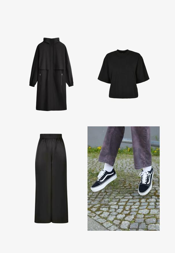 Črna plašč s kapuco, dolgi rokavi, elastični manšeti, dvema stranskima žepoma in sprednjim preklopnim dizajnom. Narejen iz gladkega, lahkega blaga.; Črna kratka majica iz bombaža. Ima kratke roke in okroglo izreza. Gladka tekstura z enostavnim dizajnom, brez dodatnih vzorcev.; Črne široke hlače iz gladkega, sijočega materiala z elastičnim pasom in brez vidnih žepov ali kovinskih detajlov.; Črne semiš teniske z belimi akcenti, s krožno prstom, debelim belim podplatom in klasičnim vezanjem, nošene z belimi nogavicami in vijoličnimi hlačami.