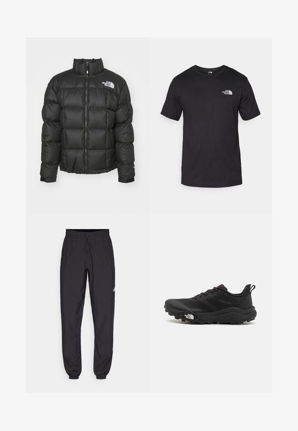 Juodas pūkų švarkas su aukštu apykaklėje ir užtrauktuku. Yra siuvinėti ornamentai ir elastingi rankogalius. Logo atspaudas kairėje peties pusėje.; Juodas trumpas rankovės marškinėliai, pagaminti iš medvilnės, su apvaliu kaklu ir mažu baltu logotipu viršutiniame kairiajame krūtinės kampe.; Juodos sportinės kelnės, pagamintos iš lengvos medžiagos, su raišteliu liemens srityje, šoniniais kišenėmis ir siaurėjantys apykaklės prie kulkšnies.; Juoda bėgimo batai su tekstūruotu paviršiumi, guma padais ir sustiprinta pirštų dalimi. Yra paminkštinta apykaklė ir kilpos, leidžiančios lengvai užsidėti.