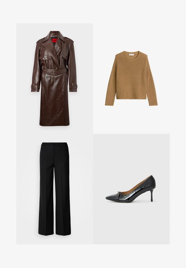Pruun kunstnahast trench coat, millel on vöödiga talje, suured kraed ja ees taskud. Omab läikivat, tekstureeritud pinda ja nupuga varrukat.; Marc O'Polo Džemper - pure sand; Mustad laiad püksid siledast kangast, millel on kõrge vöökoht, kohandatud õmblused ja minimalistlik kujundus. Ei ole nähtavat riistvara ega taskuid.; Must musta korkeakorkoiset kengät läpikuultavasta mustasta mokasta, joissa on teräväpäinen kärki, koristeellinen nauha edessä ja ohut stilettokorko.