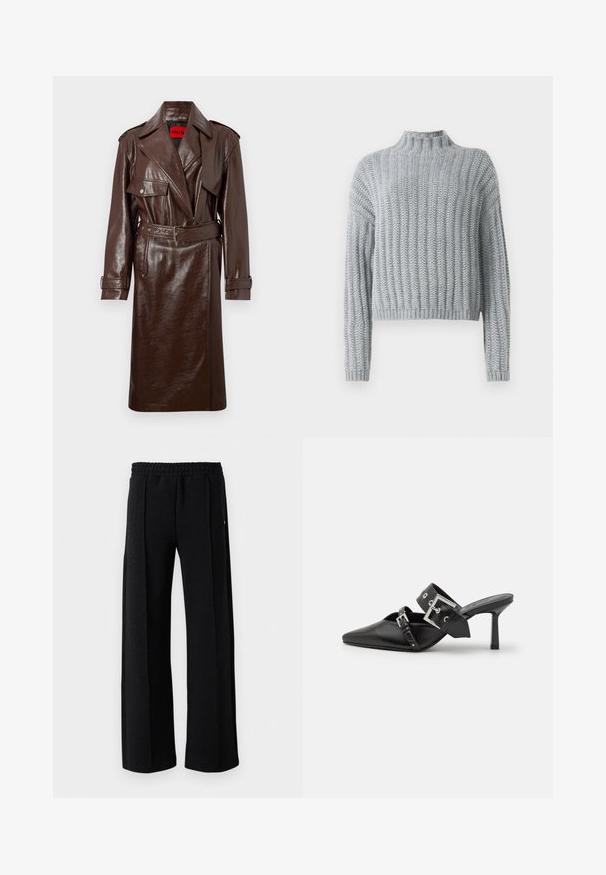 Trench coat in ecopelle marrone con vita regolabile, ampie rever e tasche frontali. Presenta una superficie lucida e testurizzata e polsini con bottone.; Maglione chunky grigio chiaro con motivo a costine, colletto alto, maniche lunghe e vestibilità leggermente cropped.; Camicia bianca a maniche lunghe con bottone in un morbido mix di cotone. Presenta un colletto classico, chiusura frontale con bottoni e polsini arrotondati.; Pantaloni neri a gamba dritta con vita elastica e un sottile motivo testurizzato su tutta la stoffa, su sfondo bianco.; Mule nere con tacco alto e punta affilata, realizzate in pelle liscia. Presentano una larga cinghia alla caviglia con una fibbia quadrata argentata e borchie.