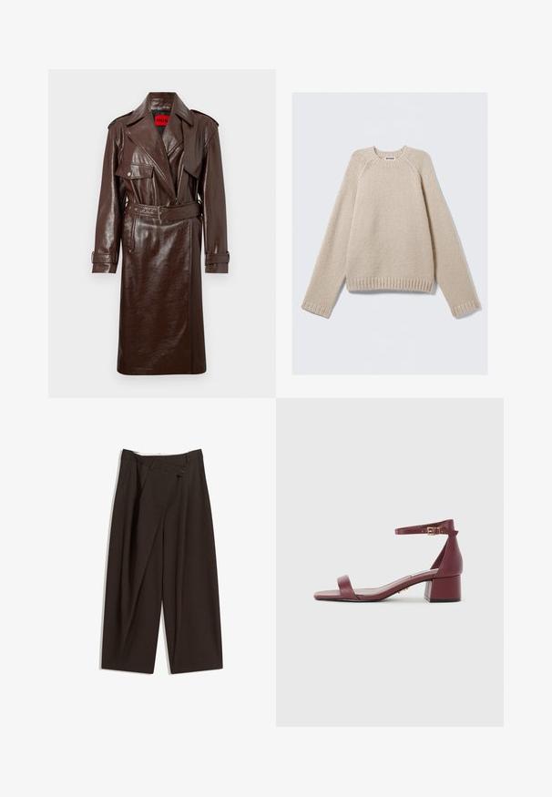 Bruine nep leren trenchcoat met een ceintuur in de taille, grote revers en frontzakken. Heeft een glanzend, gestructureerd oppervlak en knopen op de manchet.; Beige gebreide trui met lange raglanmouwen en geribbelde manchetten en zoom, plat gelegd op een lichte achtergrond.; Donkere bruin wijde broek met een hoge taille, voorzien van een enkele knoopsluiting en een geplooide voorkant. Gemaakt van lichtgewicht stof.; Bordeaux leren sandaal met een vierkante neus, dunne enkelband, gouden hardware en een chunky blokhak. Soepele textuur en minimalistisch ontwerp.