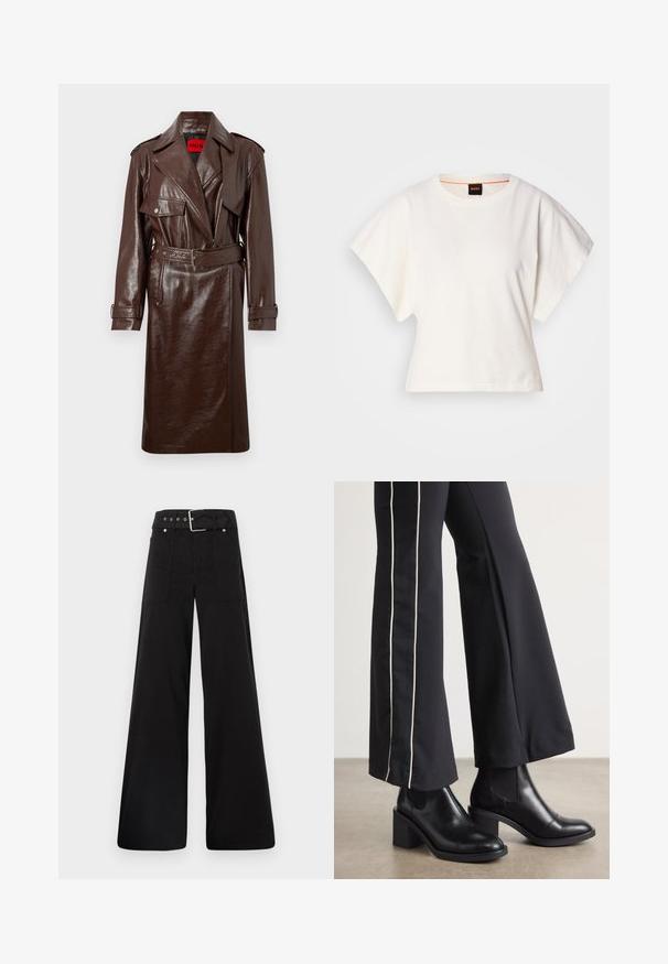Brown faux leather trench coat with a belted waist, large lapels, and front pockets. Features a shiny, textured surface and button cuffs.; White cropped T-shirt, short wide sleeves, soft cotton material, round neckline with subtle orange trim, minimal design, no patterns or graphics.; Black wide-leg trousers made from cotton, featuring a high waist, large side pockets, and a belted waist with silver hardware accents.; Black leather ankle boots with a block heel, featuring elastic side panels. Paired with black pants that have a white side stripe.