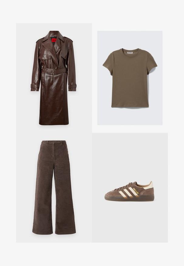 Brown faux leather trench coat with a belted waist, large lapels, and front pockets. Features a shiny, textured surface and button cuffs.; Olive green short-sleeve t-shirt in soft cotton fabric. Features a crew neckline and straight cut, with minimal stitching details.; Corduroy wide-leg pants in dark brown, featuring a high waist, front pockets, and a single button closure. Texture is soft and ribbed.; Brown suede sneaker with beige accents, three white stripes, gold branding, and a textured rubber sole. Classic low-top design.