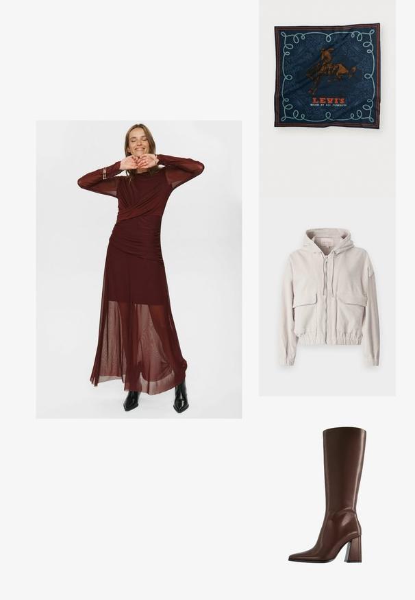 Beżowa kurtka z sztruksu z kapturem, zamek błyskawiczny z przodu, dwie kieszenie na piersi oraz elastyczne mankiety i dół. Miękka tekstura z widocznym prążkowanym wzorem.; Długa burgundowa sukienka wykonana z przejrzystej i gładkiej tkaniny, z opadającym dekoltem, marszczonymi detalami i przezroczystymi długimi rękawami.; Brązowy skórzany kozaki za kolano z szpiczastym noskiem i masywnym obcasem o średniej wysokości, przedstawione z profilu na białym tle.; Granatowy jedwabny szalik z grafiką jeźdźca na brązowym koniu, dekoracyjnym wzorem niebieskiego sznura oraz napisem „LEVI’S NOSZONY PRZEZ WSZYSTKICH KOWBOJÓW” na czerwono.