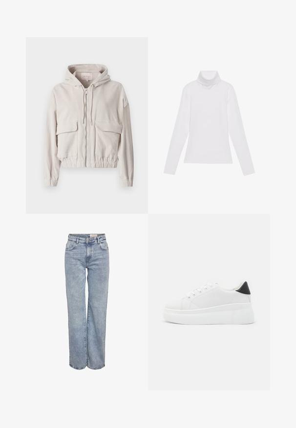 Bež jakna iz kordura s kapuco, sprednjim zadrgo, dvema žepoma na prsih ter elastičnimi robovi in manšetami. Mehka tekstura z vidnim rebrastim vzorcem.; Bela dolga majica s turtleneck ovratnikom, izdelana iz gladke, raztegljive tkanine. Ima visok ovratnik in prilega telesu, brez vidnih vzorcev ali okrasitev.; Svjetloplave široke traperice od denima, sa visokim strukom, dizajnom s pet džepova i suptilnim blijeđenjem za izgled nakon nošenja.; Bele platform tenisice izdelane iz gladkega sintetičnega materiala, z zaobljenim prstom, sistemom vezalk in teksturiranim gumijastim podplatom. Črn dodatek na peti.