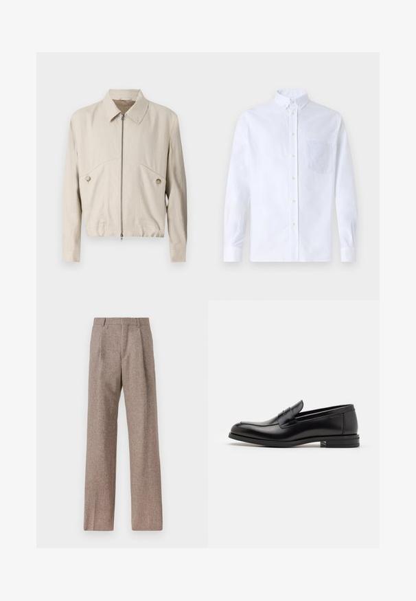 Ljusbeige zip-up jacka med krage, knappdetaljer och kort design. Tillverkad av ett slätt tyg med två framfickor.; Vit långärmad skjorta med knappar, tillverkad av bomull, med en bröstficka med ton-i-ton broderi, krage och knappmanchetter.; Bruna, högmidjade byxor i texturerat tyg. Har vida ben och två framvikningar för struktur. Välavslutad utan synlig hårdvara.; Svarta läderloafers med en slät yta, rund tå och ett dekorativt band över främre delen. Låg staplad klack, minimalistisk design.