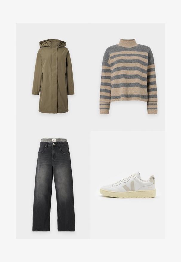 Olivengrøn vandtæt jakke med hætte, lange ærmer, lynlås foran og to sidelommer. Har en lige pasform og glat tekstur.; Striktrøje med striber i grå og beige farver, høj hals, brede manchetærmer og en afslappet pasform med et cropped design.; Sorte denim bredbenede jeans med et houndstooth-mønster i taljen. Funktioner inkluderer sidelommer og en knaplukning. Slidt tekstur.; Hvide lærreds sneakers med beige ruskindsdetaljer, perforeret tåboks, flade snørebånd og en struktureret cremefarvet sål. Har diskret branding på hælen.