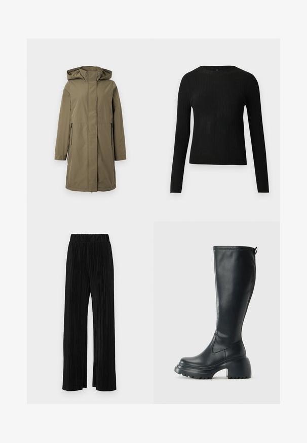 Oliwkowa wodoodporna kurtka z kapturem, długimi rękawami, z przodu na zamek i dwoma bocznymi kieszeniami. Posiada prosty krój i gładką teksturę.; Czarny, prążkowany, dopasowany sweter z długim rękawem i okrągłym dekoltem, wyeksponowany na jednolitym jasnym tle.; Czarne spodnie plisowane z elastycznym paskiem w talii. Posiadają szerokie nogawki oraz gładki, teksturowany materiał z pionowymi paskami.; Wysokie czarne skórzane botki z masywną platformą i słupkowym obcasem, z uchwytem i teksturowanym bieżnikiem na podeszwie.