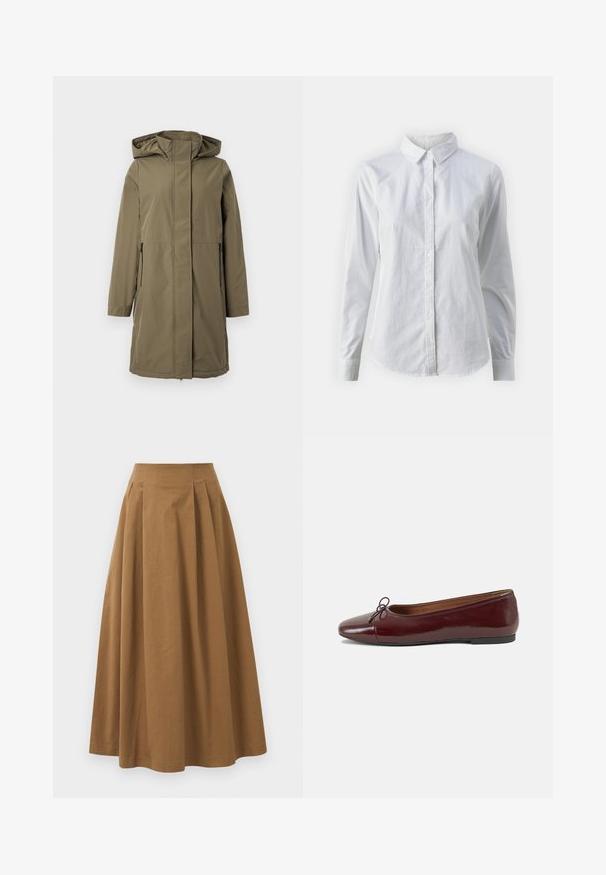 Olivově zelená nepromokavá bunda s kapucí, dlouhými rukávy, předním zipem a dvěma bočními kapsami. Má rovný střih a hladký povrch.; Bílá košile na knoflíky vyrobená z hladké bavlny, s klasickým límcem, dlouhými rukávy a zakřiveným spodním lemem. Knoflíky jsou malé a bílé.; Hnědá bavlněná sukně ve stylu A s vysokým pasem, se sklady na přední straně a hladkou texturou. Lemování je čisté a jednoduché.; Burgundské lakové baleríny s kulatou špičkou, malou mašlí vpředu a nízkou černou gumovou podrážkou. Hladký povrch.