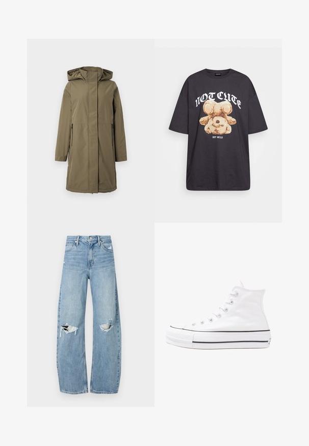 Olivengrøn vandtæt jakke med hætte, lange ærmer, lynlås foran og to sidelommer. Har en lige pasform og glat tekstur.; Sort oversized t-shirt med et grafisk motiv af en bjørn samt teksten "IKKE SØD MEN VILD" i fede, hvide bogstaver. 100% bomulds materiale.; Lysblå, højtraljede jeans lavet af denim. Har brede ben, to huller ved knæene og klassisk fem-lommes stil.; Hvide høje kanvas sneakers med sort gummisål, gummitåhætte foran og seks øjehuller til snørebånd, der har et rent, minimalistisk design.