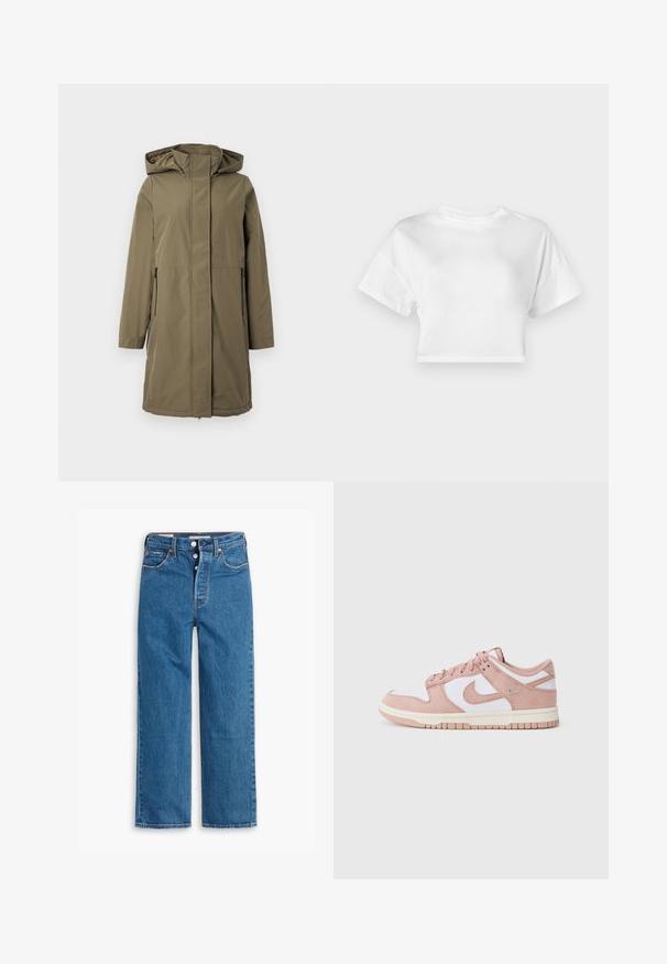 Giacca impermeabile verde oliva con cappuccio, maniche lunghe, zip frontale e due tasche laterali. Caratterizzata da una linea dritta e una texture liscia.; T-shirt bianca cropped in cotone. Maniche corte, scollatura rotonda, texture liscia, design casual senza motivi o decorazioni.; Jeans in denim blu con gamba dritta e vita alta, design a cinque tasche e chiusura con bottoni. Cuciture evidenti e rivetti di tonalità rame.; La sneaker presenta una parte superiore in morbido suede rosa, pannelli in pelle bianca e una suola in gomma testurizzata. Logo swoosh ben visibile sui lati, design con stringhe.