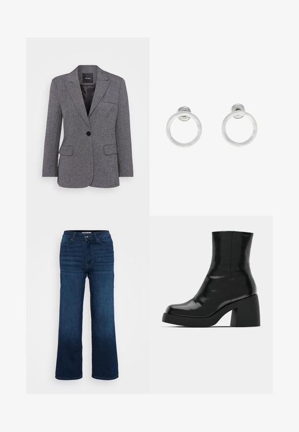 Pilkas, struktūruotas švarkas su vieno mygtuko užsegimu, notch tipo apykaklėmis ir dviem priekinėmis kišenėmis. Vidaus pamušalas su juodu etiketu.; Even&Odd Petite 2 PACK - Viršus - light grey/black; ONLY Petite ONLMADISON BLUSH WIDE - Platėjantys džinsai - dark blue denim; Juodi kulkšniniai batai su blizgiu paviršiumi, kvadratiniu pirštu ir storu blokiniu kulnu. Dizainas pasižymi be siūlių siluetu ir minimalia ženklinimo. ; Sidabriniai metaliniai auskarai žiedų pavidalu su šveitimo tekstūra, turintys apvalų dizainą ir skaidrų laikiklį saugiam dėvėjimui.