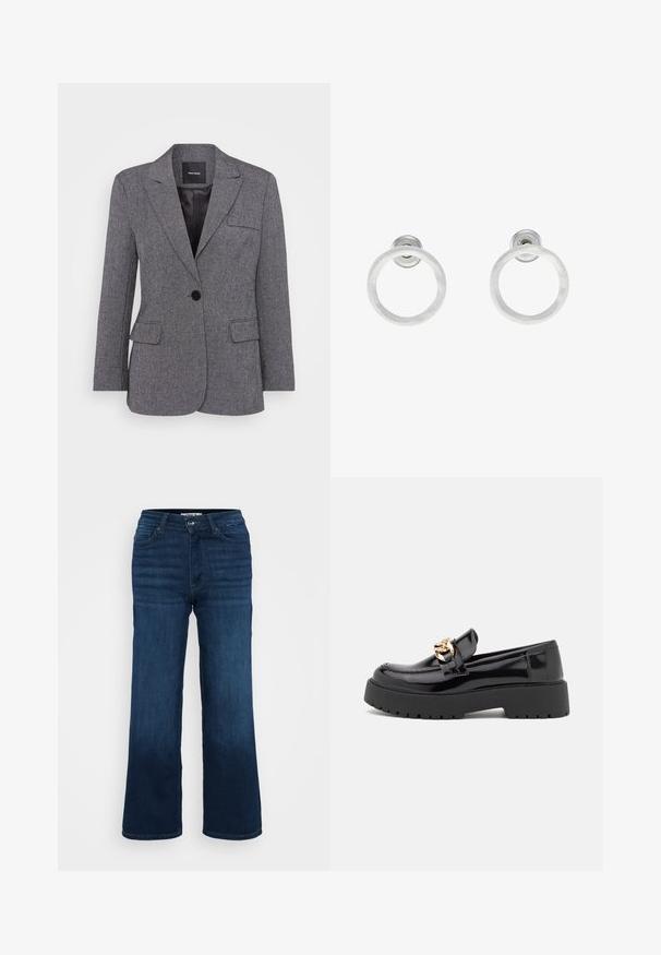 Pelēks, teksturēts žakets ar vienu pogu aizdari, ar iegrieztiem laktiem un divām priekšējām kabatām. Odere iekšpusē ar melnu etiķeti.; Even&Odd Petite 2 PACK - Tops - light grey/black; ONLY Petite ONLMADISON BLUSH WIDE - Džinsi ar platām starām - dark blue denim; Melni lakoti mokasīni ar masīvu melnu zoli un zelta aksesuāriem. Gluda tekstūra un noapaļota purngala dizains.; Sudraba metāla gredzenveida auskari ar matētu faktūru, ar apaļu dizainu un caurspīdīgu aizdari, lai nodrošinātu drošu valkāšanu.