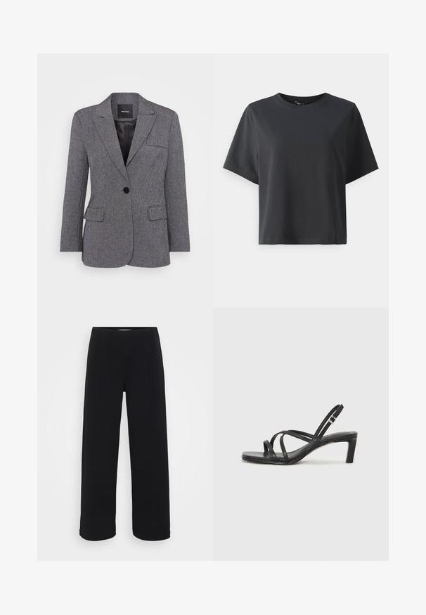 Blazer gri, texturat, cu închidere cu un singur buton, rever cu tăietură și două buzunare frontale. Interior căptușit, cu un eticheta neagră.; Tricou negru din bumbac, mâneci scurte, guler rotund, croială lejeră, textură netedă, design simplu, fără modele sau accente.; Pantaloni negri cu picior larg, având un baret elastic. Confecționați dintr-un material texturat, cu un croi lejer și linie dreaptă de la șolduri până la tiv.; Sandal cu barete negre, cu vârf pătrat și toc mic de bloc. Prezintă mai multe barete subțiri și o bareta ajustabilă la gleznă. Fabricat din piele netedă.