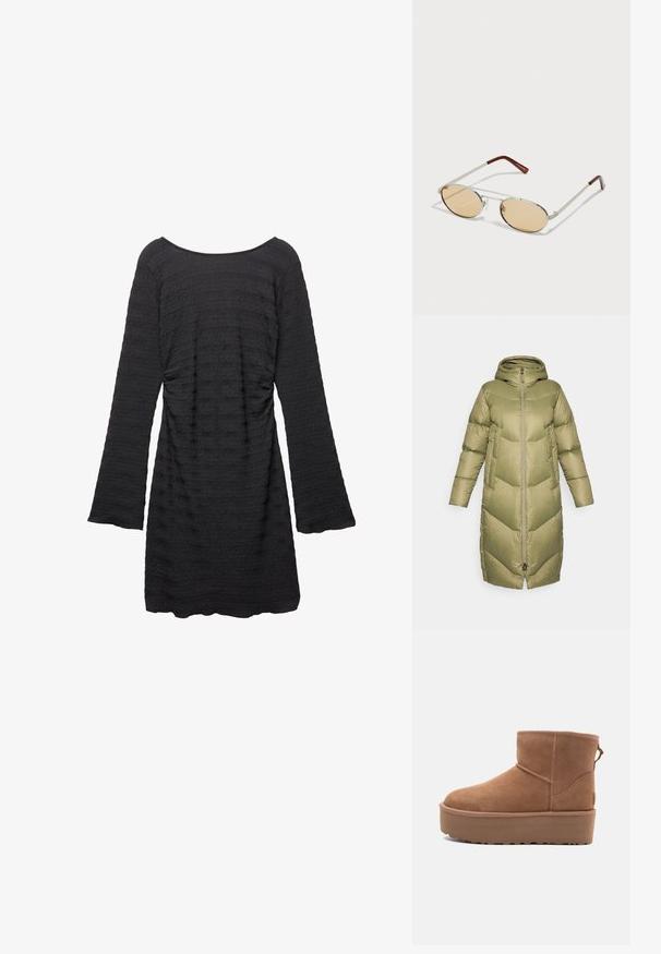 Burton LONG PARKA - Dunfrakker - forest moss; Sort kjole med lange klokkeærmer, tekstureret stof med vandrette striber, rund halsudskæring og samlet detalje i siden.; Tan ruskinds ankelstøvle med platformssål, rund tå og syninger; har en løkke bagpå for nem påtagning.; Metal solbriller med ovale, lysebrune tonede linser. Slank sølvfarvet stel med teksturerede detaljer og rødbrune spidser på stængerne.